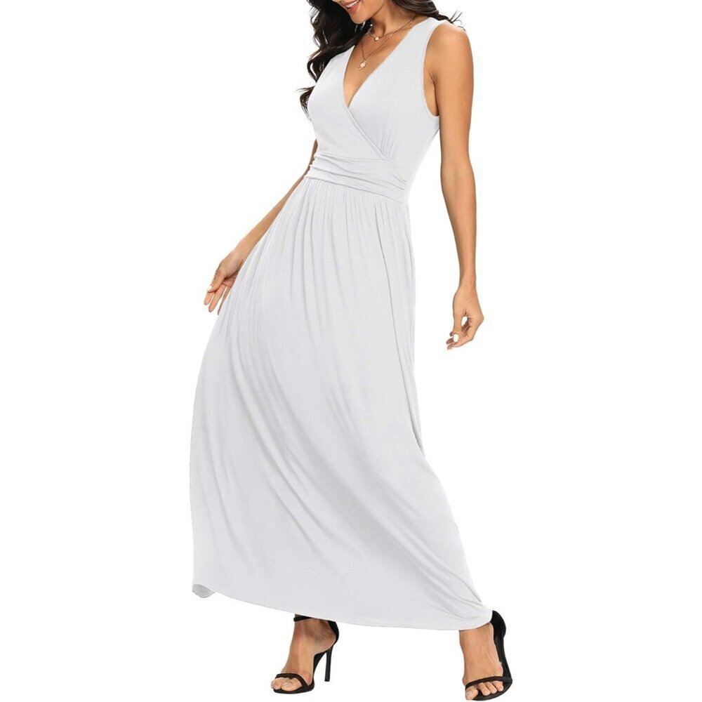Women White Deep V Neck Sleeveless Loose Plain Long Maxi Stretchy Dress - Picture 5 of 6